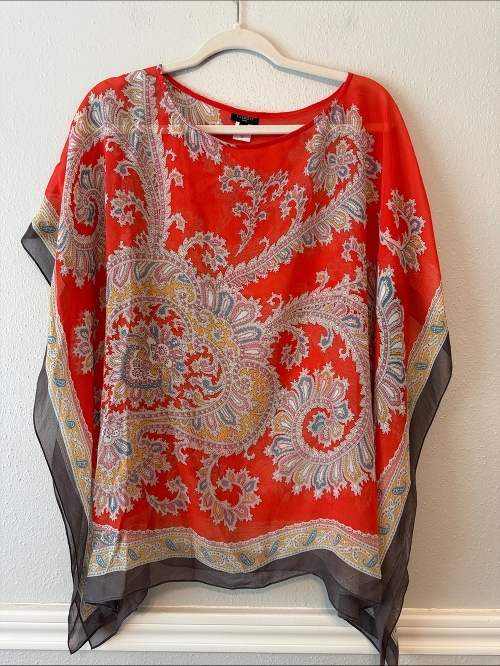 Talbots 100% Silk Red Paisley Sheer Poncho Tunic Top